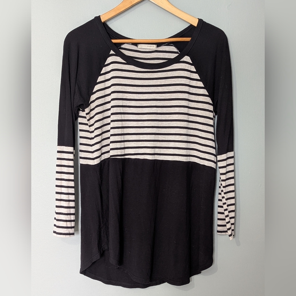A.GAIN Women's‎ Long-sleeve Striped Top Color-block Design Scoop Neck